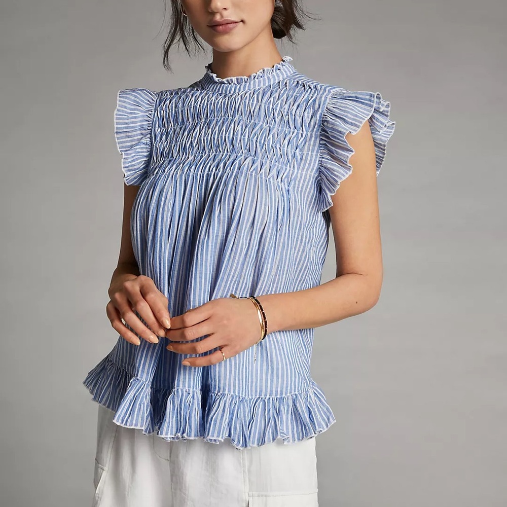 By Anthropologie Uli Ruffled Blouse blue white stripe back tie size large - Picture 1 of 7
